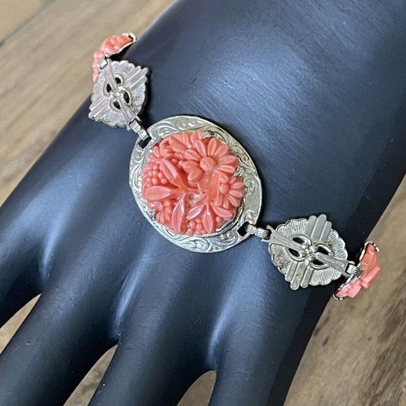 Art Deco Carved Glass Coral Color Link Bracelet 7.5” Sterling Finding - Picture 6 of 7